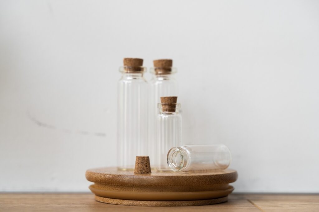 glass bottles with cork cover